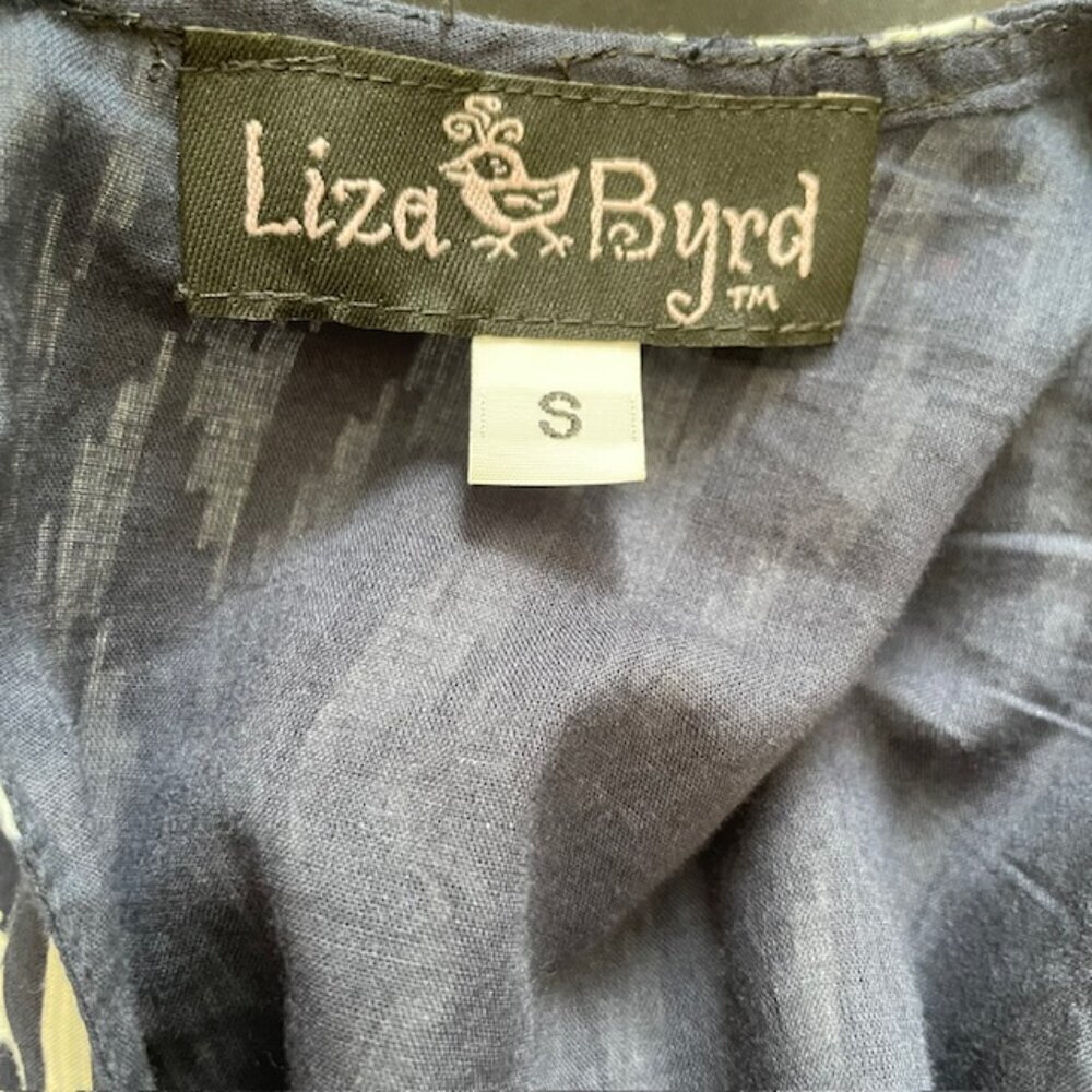Liza Byrd Tiered Ruffled Cotton Block Print Maxi Dress Blue & White Small - Picture 6 of 7